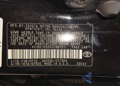 2012 Toyota Camry Se z USA, uszkodzony, nr VIN 4T1BF1FK6CU188151
